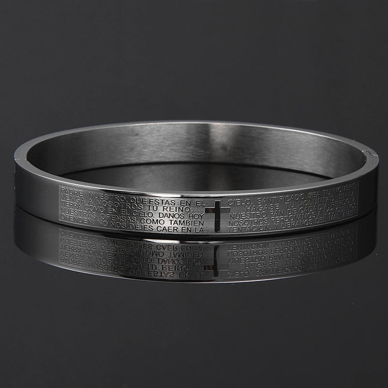 Pulseira Com Cruz e Pai Nosso,Ouro Cubano aço inoxidável Banhado a Ouro escritura Latim.