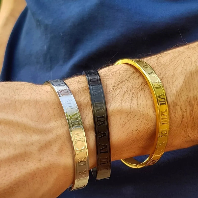 Pulseira de Luxo Numeral Romano, Ouro Cubano de aço inoxidável.