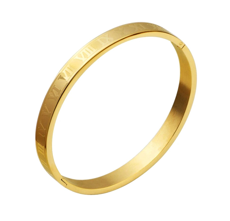 Pulseira de Luxo Numeral Romano, Ouro Cubano de aço inoxidável.