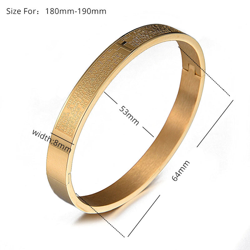 Pulseira Com Cruz e Pai Nosso,Ouro Cubano aço inoxidável Banhado a Ouro escritura Latim.