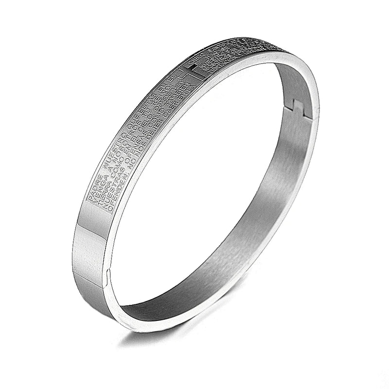 Pulseira Com Cruz e Pai Nosso,Ouro Cubano aço inoxidável Banhado a Ouro escritura Latim.
