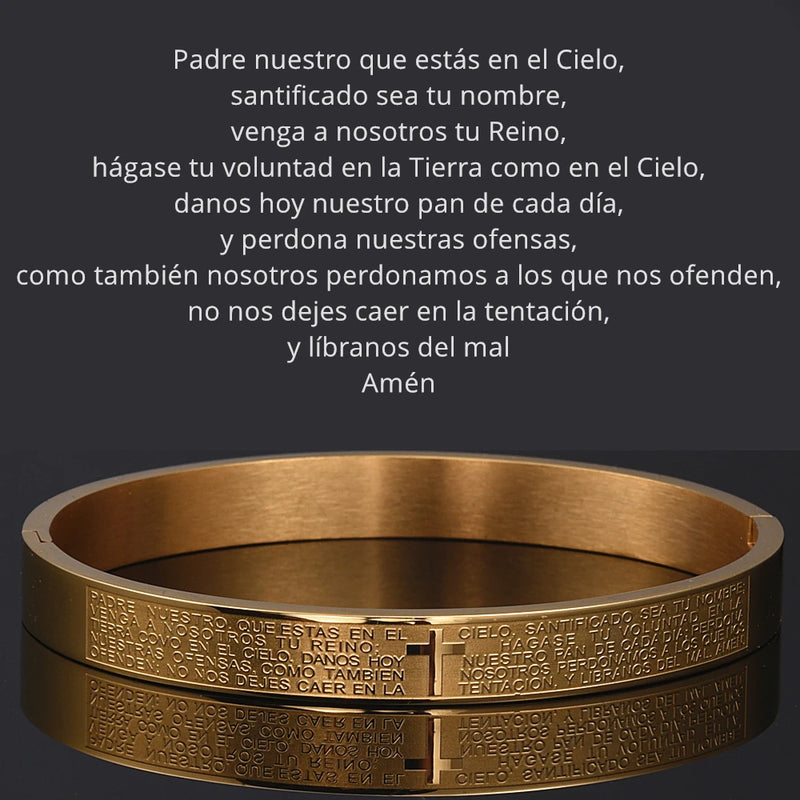 Pulseira Com Cruz e Pai Nosso,Ouro Cubano aço inoxidável Banhado a Ouro escritura Latim.