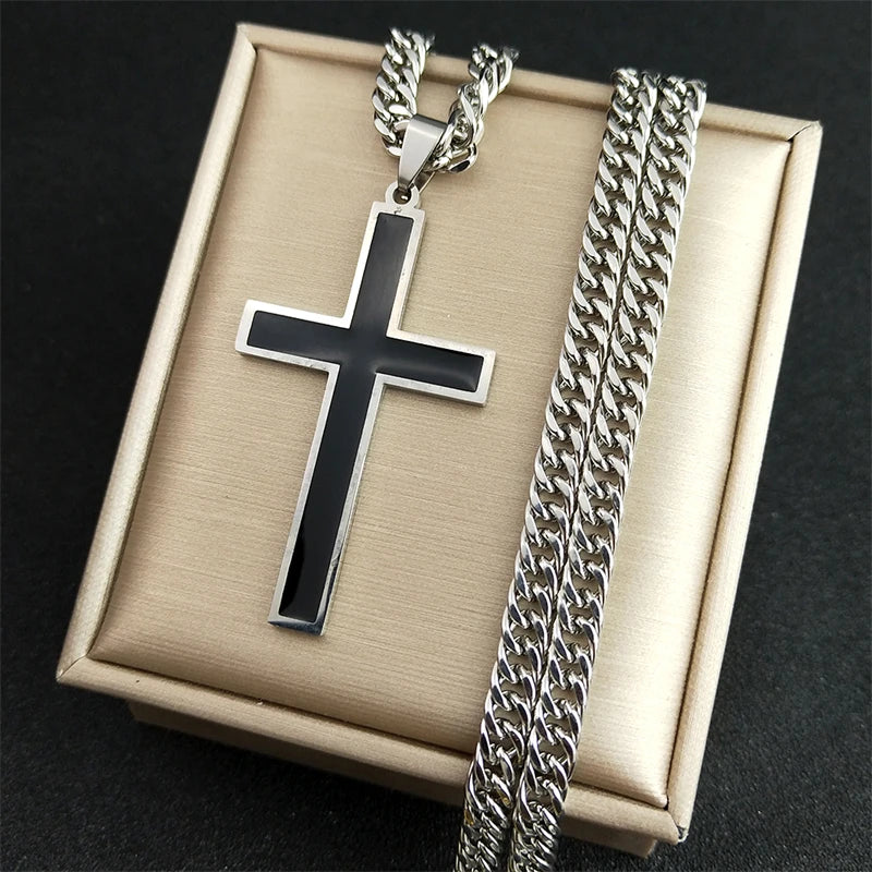 Colar de crucifixo detalhe preto sofisticado, Ouro Cubano Aço Inoxidável.