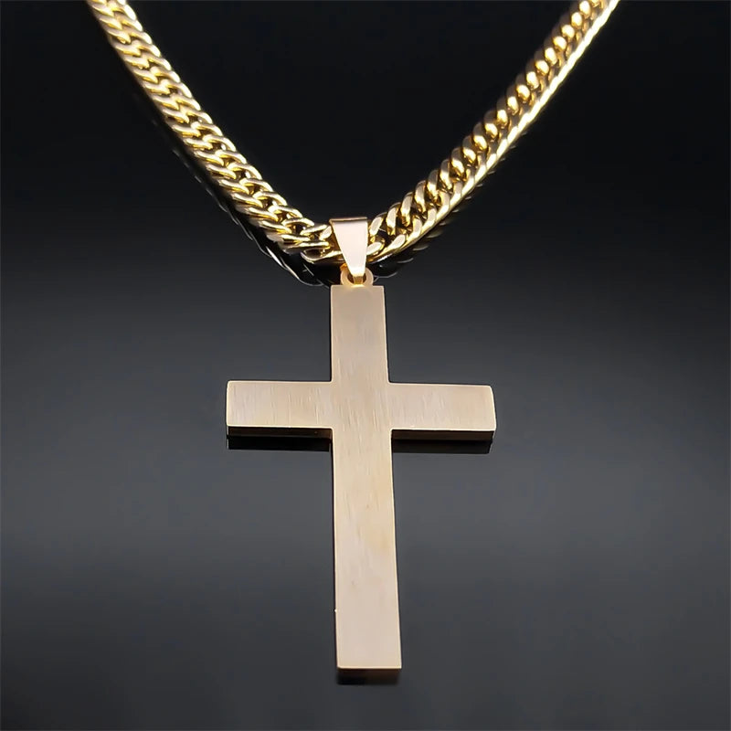 Colar de crucifixo detalhe preto sofisticado, Ouro Cubano Aço Inoxidável.