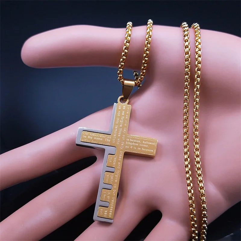 Colar Crucifixo,Versiculo da Biblia em Inglês, Ouro Cubano Aço Inoxidavel.