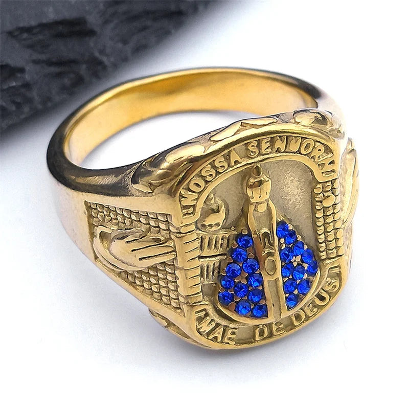 Anel Nossa Senhora de Aparecida Ouro Cubano Aço Inoxidável Virgem Maria.