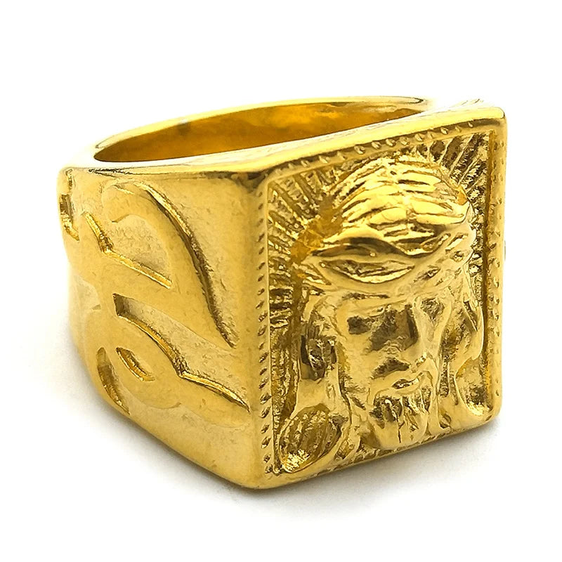 Anel Jesus Cristo de cristal azul, coroa de espinhos, jesus,aço inoxidável, cor dourada.