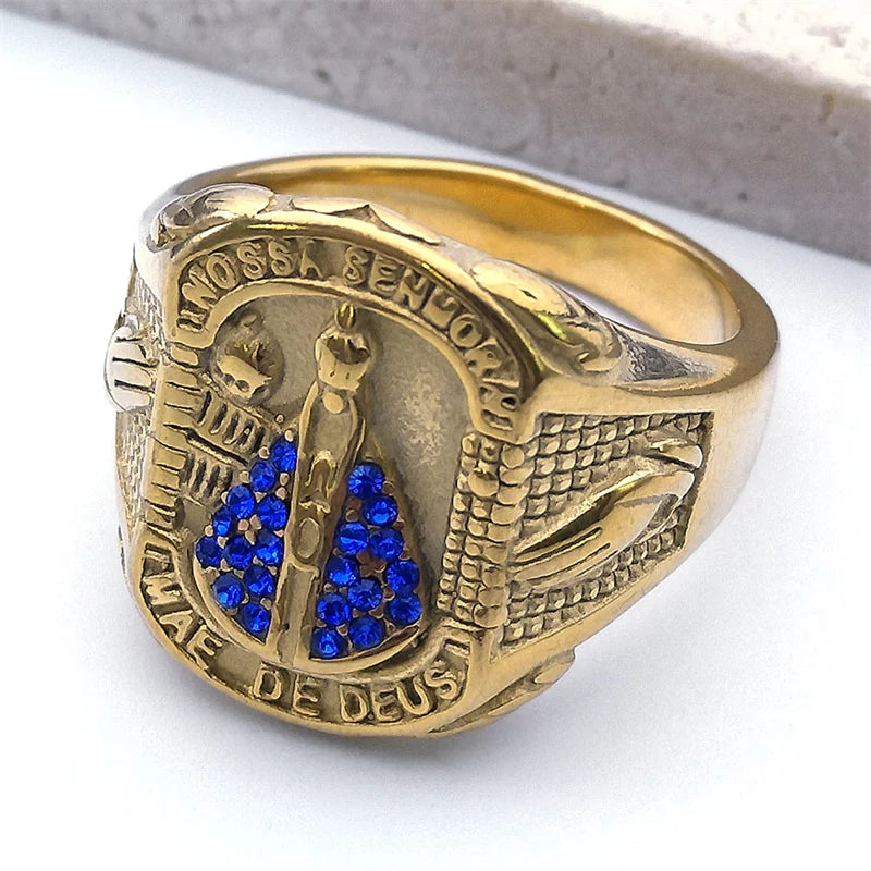 Anel Nossa Senhora de Aparecida Ouro Cubano Aço Inoxidável Virgem Maria.