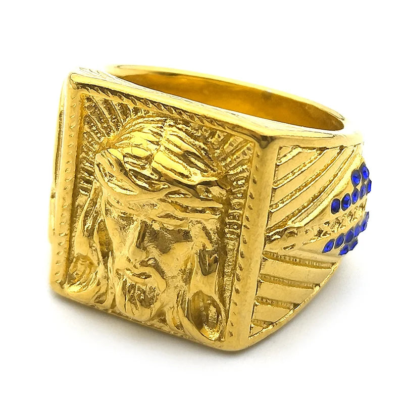 Anel Jesus Cristo de cristal azul, coroa de espinhos, jesus,aço inoxidável, cor dourada.
