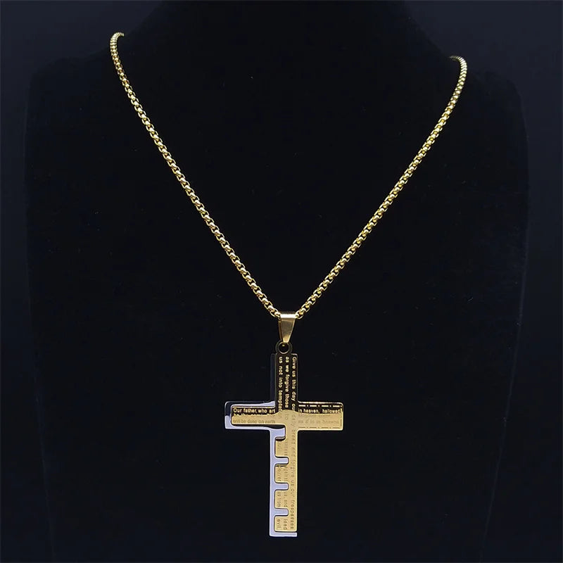 Colar Crucifixo,Versiculo da Biblia em Inglês, Ouro Cubano Aço Inoxidavel.