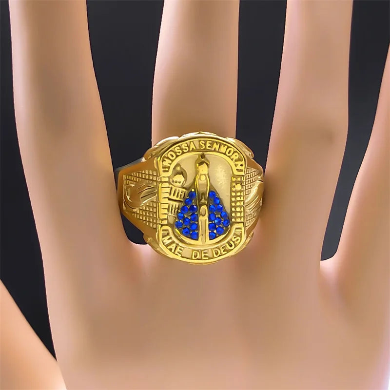 Anel Nossa Senhora de Aparecida Ouro Cubano Aço Inoxidável Virgem Maria.