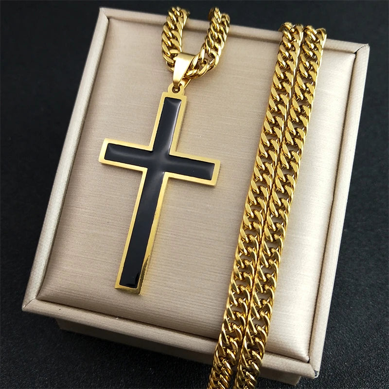 Colar de crucifixo detalhe preto sofisticado, Ouro Cubano Aço Inoxidável.