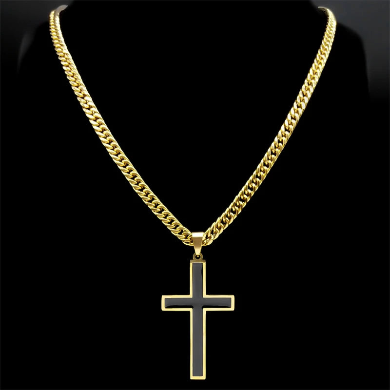 Colar de crucifixo detalhe preto sofisticado, Ouro Cubano Aço Inoxidável.