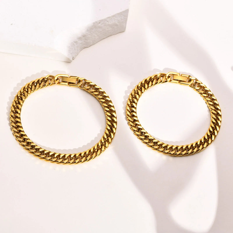 Pulseiras Elegante de Corrente Dupla, Ouro Cubano aço inoxidável.