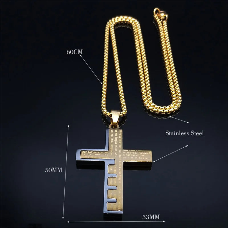 Colar Crucifixo,Versiculo da Biblia em Inglês, Ouro Cubano Aço Inoxidavel.