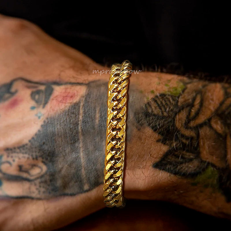 Pulseiras Elegante de Corrente Dupla, Ouro Cubano aço inoxidável.