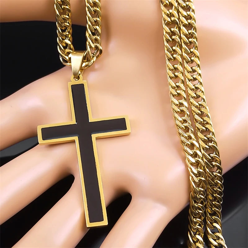 Colar de crucifixo detalhe preto sofisticado, Ouro Cubano Aço Inoxidável.