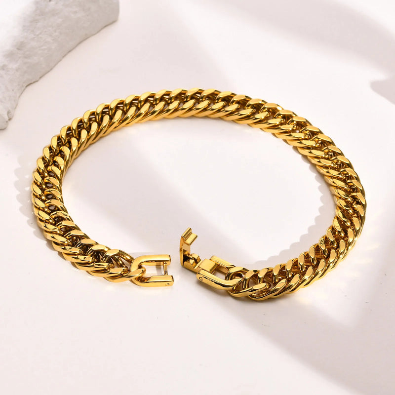 Pulseiras Elegante de Corrente Dupla, Ouro Cubano aço inoxidável.