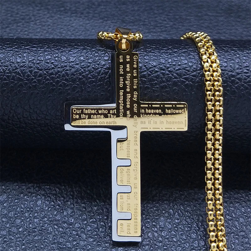 Colar Crucifixo,Versiculo da Biblia em Inglês, Ouro Cubano Aço Inoxidavel.