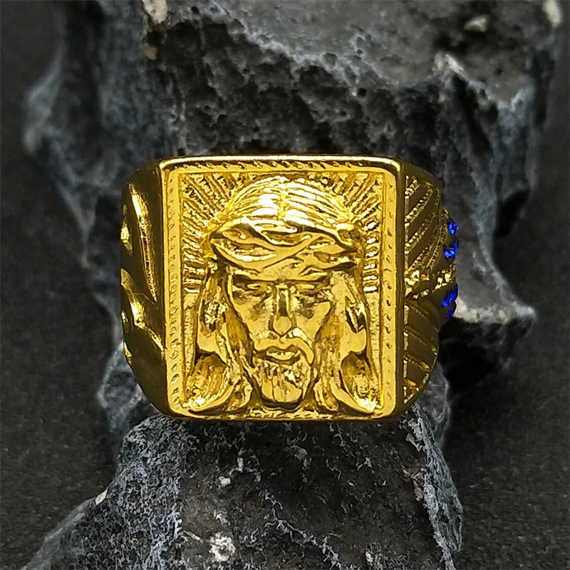 Anel Jesus Cristo de cristal azul, coroa de espinhos, jesus,aço inoxidável, cor dourada.
