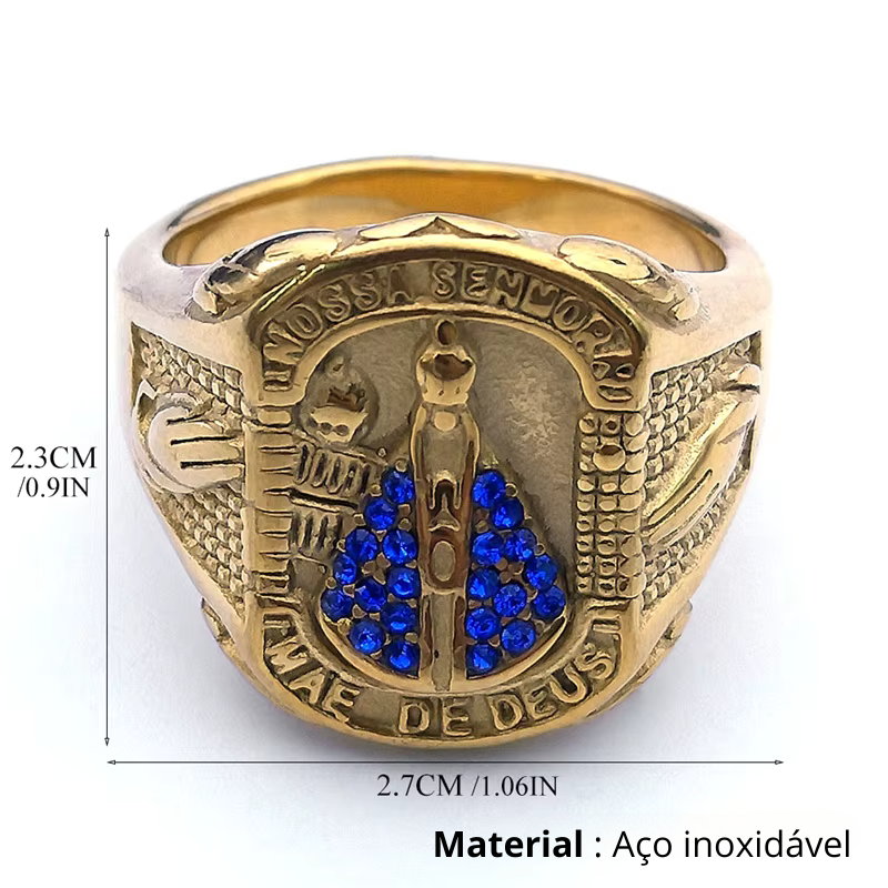 Anel Nossa Senhora de Aparecida Ouro Cubano Aço Inoxidável Virgem Maria.