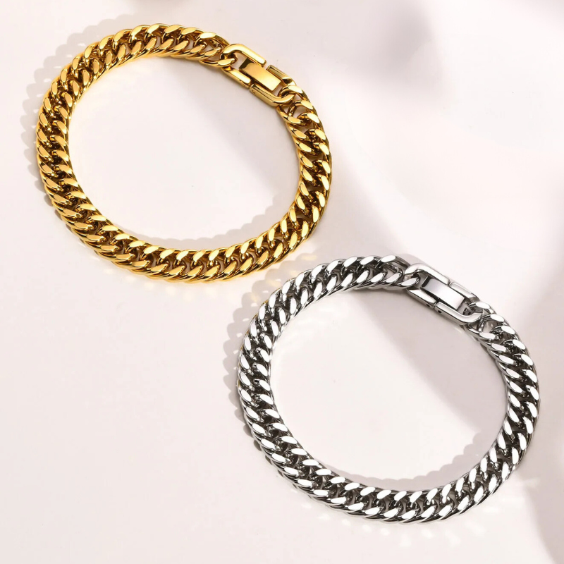 Pulseiras Elegante de Corrente Dupla, Ouro Cubano aço inoxidável.
