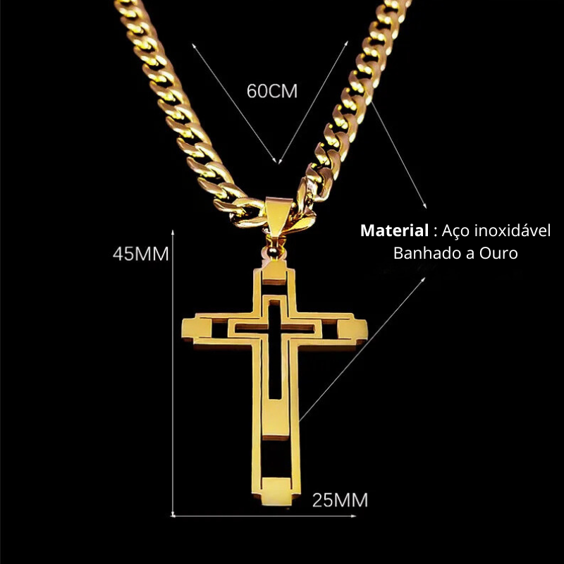 Colar Cruz detalhe vazado de aço inoxidável,Ouro Cubano.