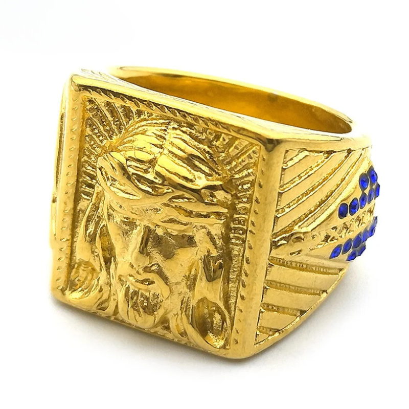 Anel Jesus Cristo de cristal azul, coroa de espinhos, jesus,aço inoxidável, cor dourada.