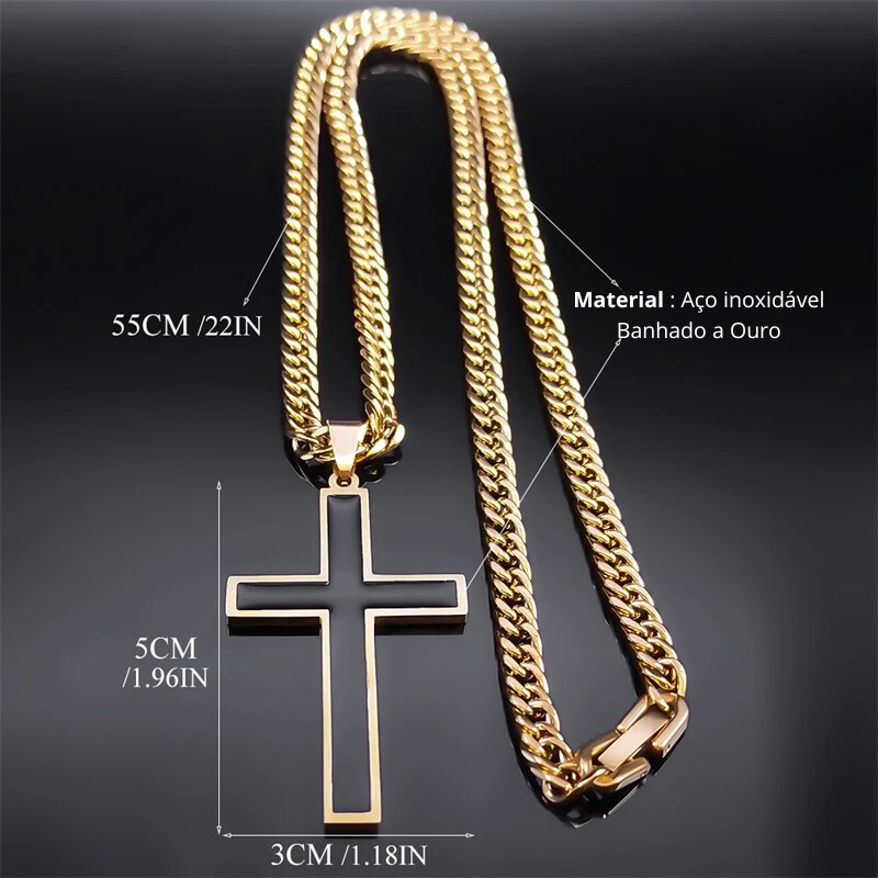 Colar de crucifixo detalhe preto sofisticado, Ouro Cubano Aço Inoxidável.